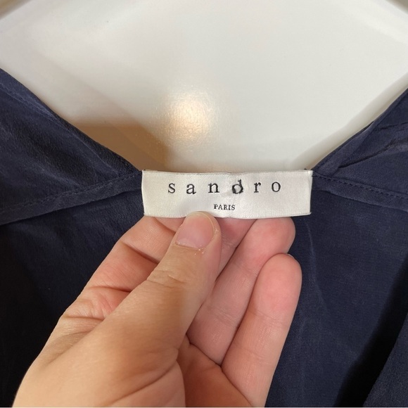 Sandro Silk Lace Up Front Navy Blouse - Picture 3 of 6